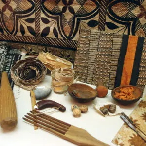 Traditional Pacific island crafting tools and materials.
