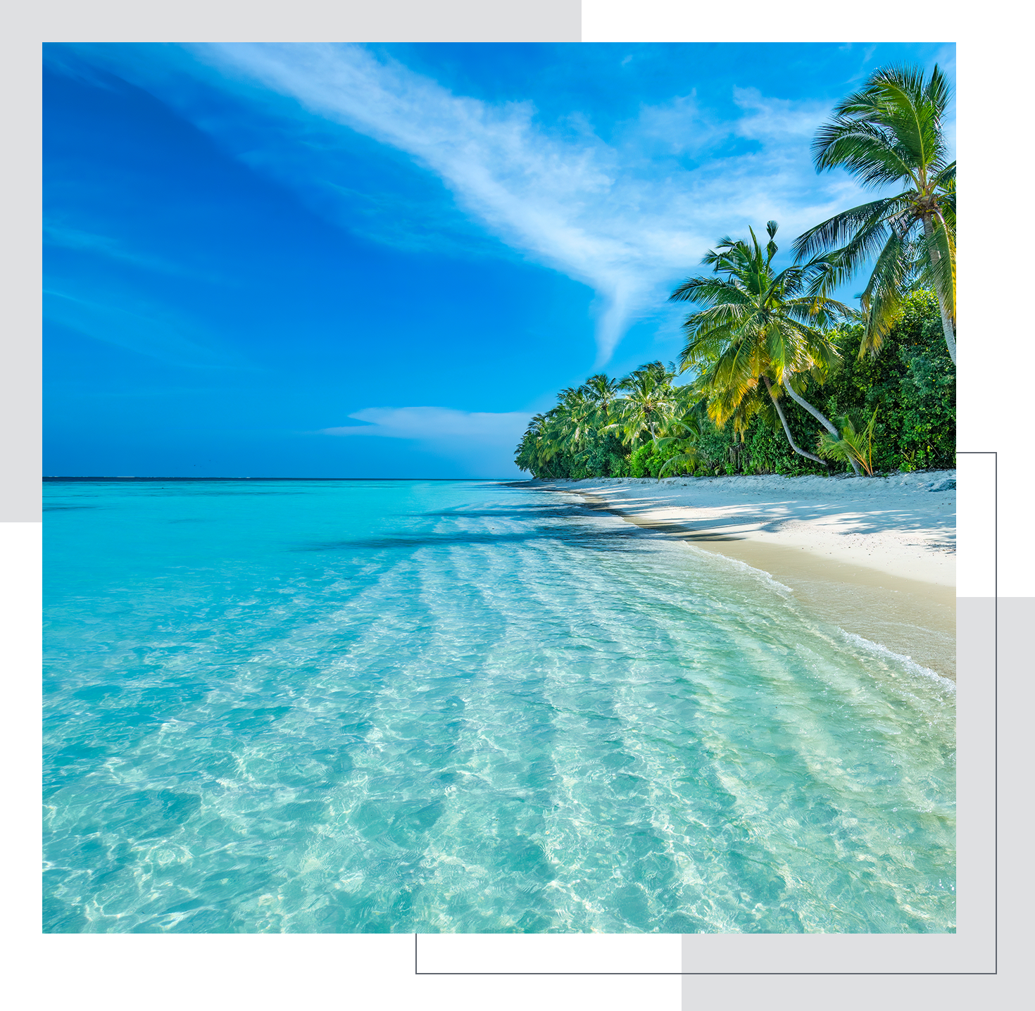 Clear turquoise water meets a white sandy beach lined with palm trees under a bright blue sky.