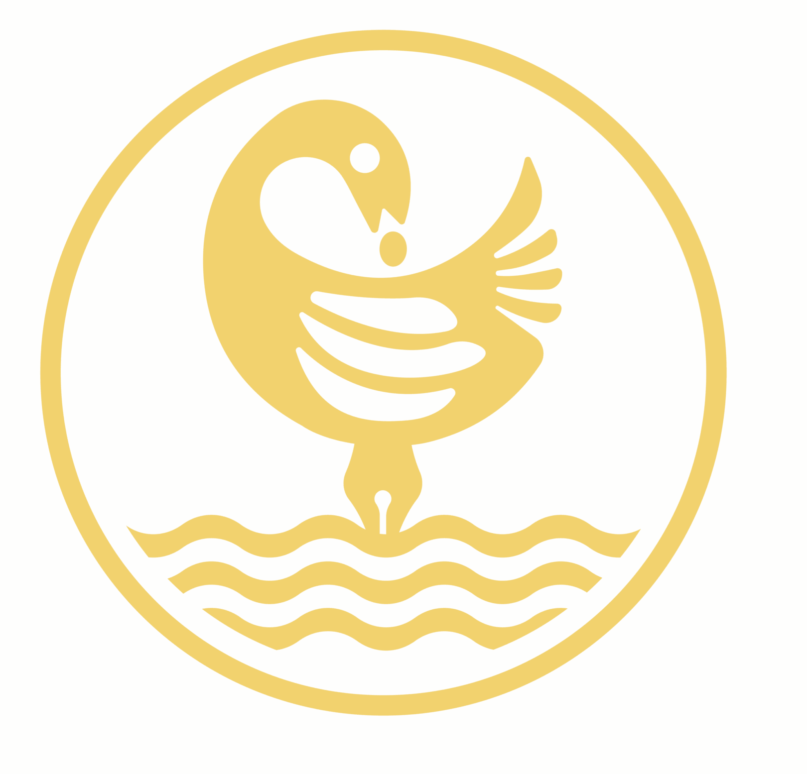 A stylized golden swan emblem in a circular frame above water waves.